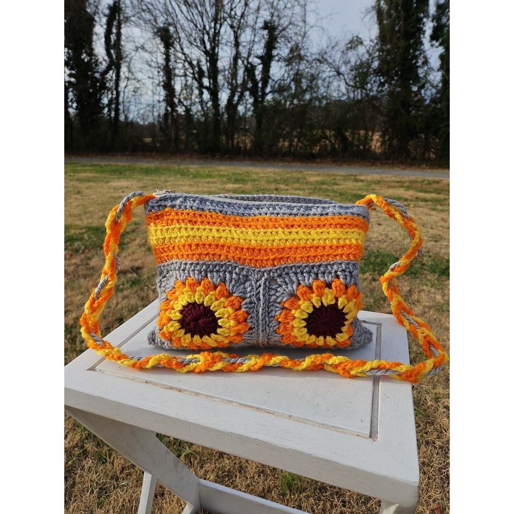 Sunflower Crochet Bag Boho Style Shoulder Bag - Crochet Pouch Floral Summer...